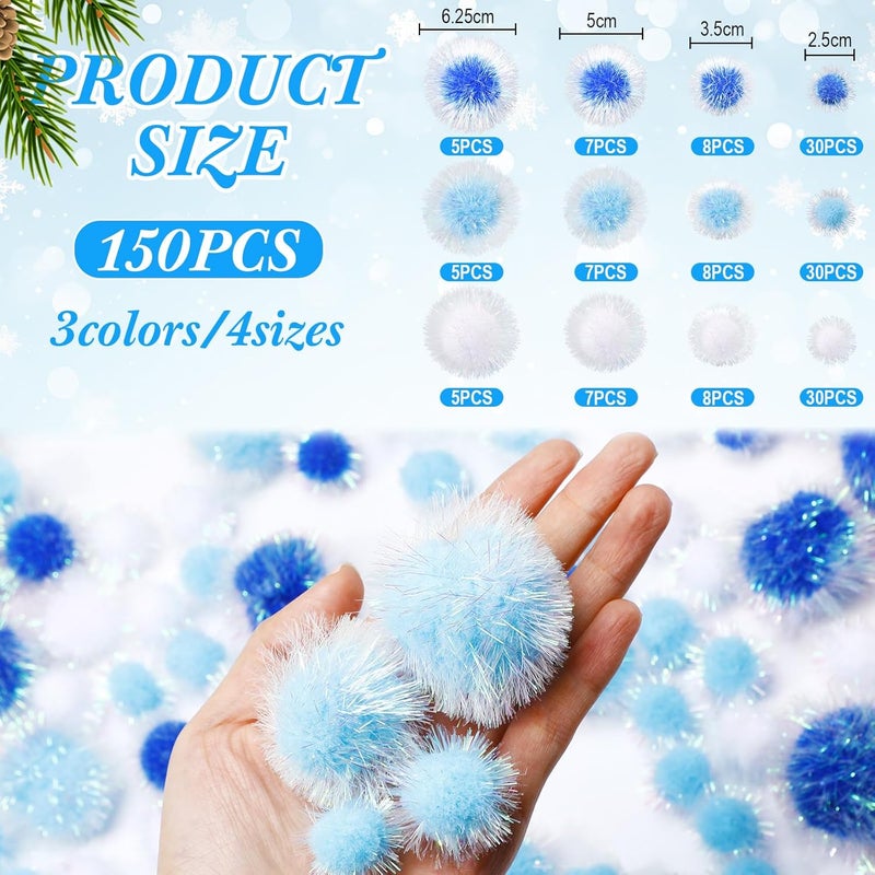 Knitgrip 150 Pcs Large Glitter Tinsel Pom Poms 2.5" 2" 1.4" 1" Christmas Pompom Balls Jumbo Glitter Balls for DIY Craft Making Christmas Decorations(Light Blue, Navy Blue, White) - Image 2